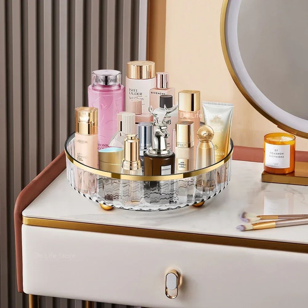 Rotating Cosmetic Organizer arranged with perfume and skincare products