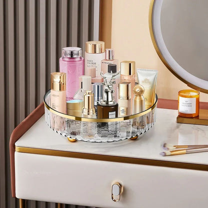 Rotating Cosmetic Organizer arranged with perfume and skincare products